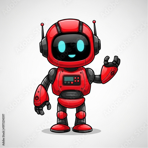 A funny cartoon android and cute 3d robot character stand as a futuristic mechanical toy illustration rendered in white and red technology