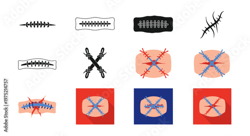 Medical Sutures and Wound Closure Icons Set: Stitches, Scars, Surgical Needles
