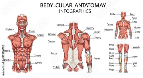 Human Anatomy Muscular System Infographic - Front, Back, and Leg Muscles