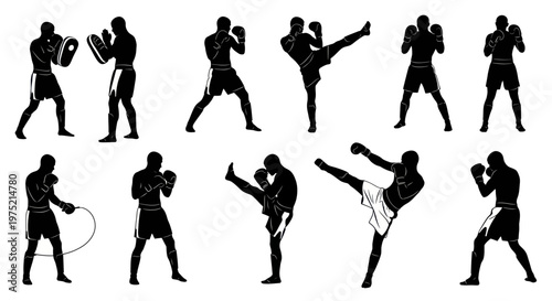 Muay Thai Silhouette Collection: Fighter Poses & Training Actions
