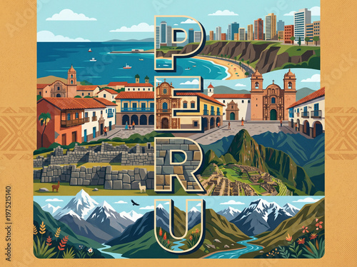 Artistic collage with landscapes and traditional architecture of Peru