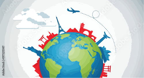 Heritage Day globe with landmarks and airplane flying around the world