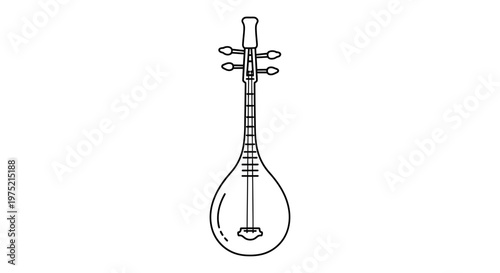 Line art illustration of a traditional stringed musical instrument, lute-like shape, isolated on white background.