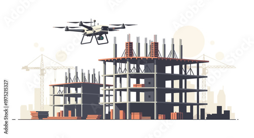 Modern Drone Inspection of Building Construction Site Illustration with Cranes and Urban Skyline