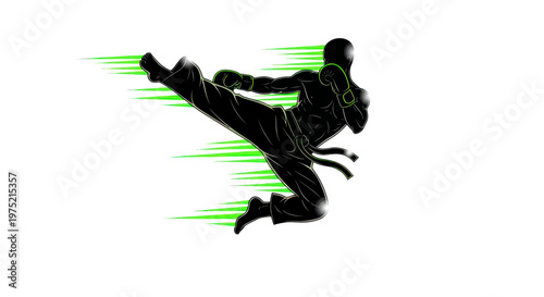 Martial Arts Silhouette: Dynamic Kick with Green Motion Trails
