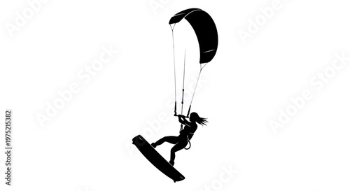 Silhouette of a woman kitesurfing on a wakeboard, performing a jump against a white background.