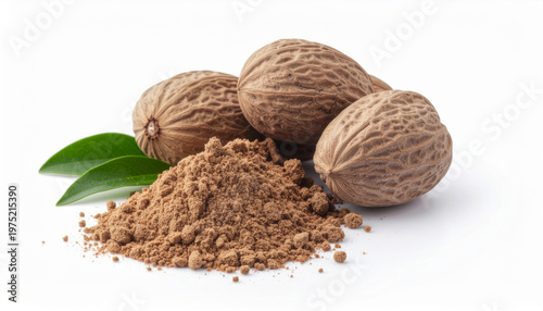 Close up from Whole and ground nutmeg spice on white background
