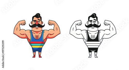Vintage Strongman Flexing Muscles, Cartoon Character, Color and Outline