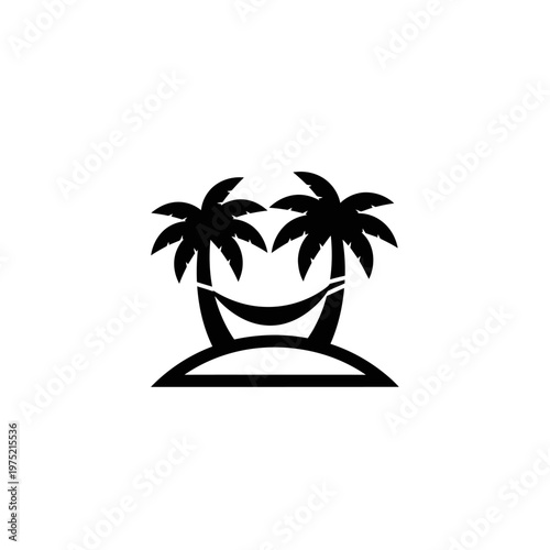 Vector icon of a serene tropical island paradise with two palm trees and a hammock, symbolizing peaceful summer holidays and dream vacation escapes