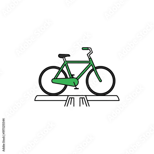 Vibrant green bicycle securely parked on a dedicated urban bike rack, promoting sustainable city transportation and active, eco-friendly commuting habits