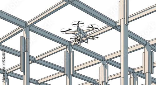 Drone Inspecting Steel Frame Building Site, Architectural Surveillance and Smart Construction Illustration