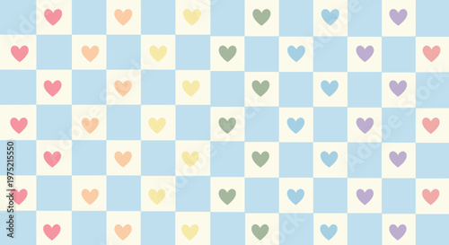 Pastel Rainbow Heart Gingham Pattern with Retro Hand Drawn Style