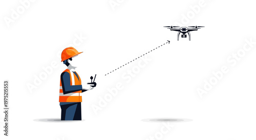 Construction Engineer Operating Drone for Site Survey and Aerial Inspection - Flat Vector Illustration