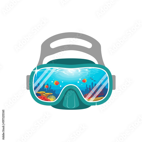 Underwater world seen through a diving mask with coral reefs and fish