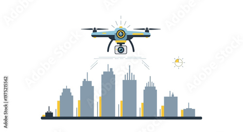 Smart City Drone Surveillance and Mapping Vector Illustration - Aerial Monitoring Quadcopter Flying Over Urban Buildings for Real Estate and Security Surveying