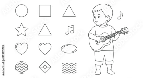 Child playing a ukulele surrounded by geometric shapes and musical notes