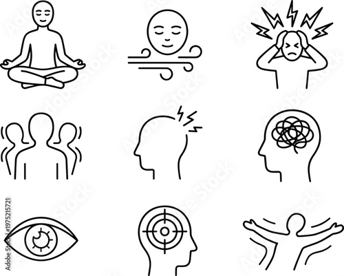 Yoga Vector Set with Outline Icons for Meditation and Spiritual Practice