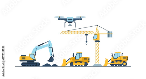 Smart Construction Site Illustration with Excavator, Bulldozers, Tower Crane, and Monitoring Drone