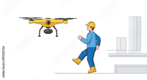 Construction Worker and Surveillance Drone at Building Site Vector Illustration - Modern Engineering and Smart Technology Concept