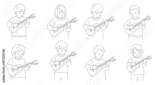 Line art illustration of eight children playing ukuleles in a grid pattern