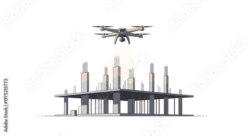 Drone Monitoring Building Construction Site Illustration - Technology for Architecture and Engineering Inspection - Flat Vector Art