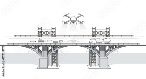 Drone Inspecting Bridge Infrastructure Vector Illustration: Industrial Smart Maintenance and Structural Analysis Concept