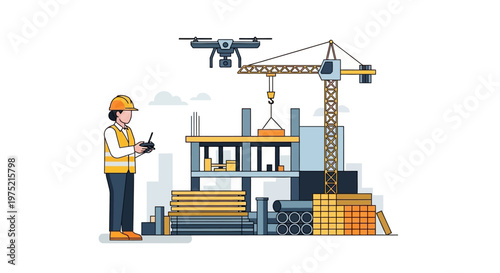 Female Construction Engineer Operating a Drone for Site Inspection and Monitoring Illustration