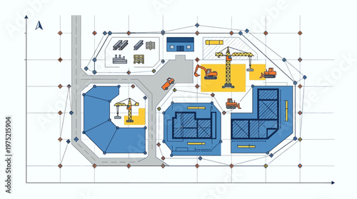 Modern Flat Vector Construction Site Plan with Cranes, Excavators, and Building Outlines on a Technical Grid for Urban Development and Architectural Projects