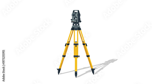 Professional Geodetic Total Station on Yellow Tripod Isolated on White Background. Precision Land Surveying Equipment for Engineering and Mapping.