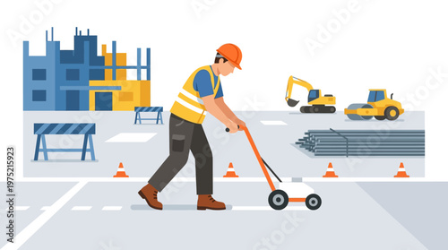 Construction Worker Operating Road Marking Machine on Industrial Building Site with Heavy Machinery and Excavator - Flat Vector Illustration for Infrastructure and Maintenance