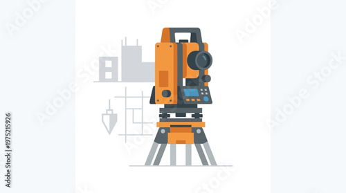 Modern Total Station Theodolite Vector Illustration on Tripod for Land Surveying and Civil Engineering