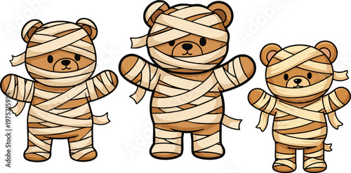 Halloween mummy teddy bear vector set, cute cartoon bears wrapped in bandages, spooky brown plush toy characters for kids party invitations