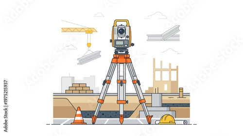 Professional Land Surveying and Construction Site Illustration with Total Station Theodolite, Crane, and Engineering Equipment on a White Background