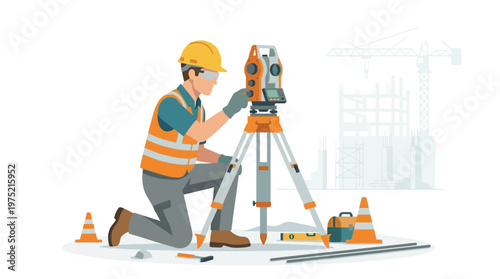 Civil Engineer Surveyor Professional Using Total Station on Construction Site Illustration