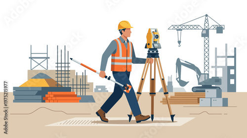 Land Surveyor Engineer Working on Construction Site with Total Station and Theodolite, Vector Illustration for Civil Engineering and Architecture Projects