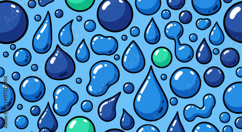 Cartoon water drops seamless pattern, blue liquid bubbles and droplets vector background, playful aquatic splash texture for children fabric