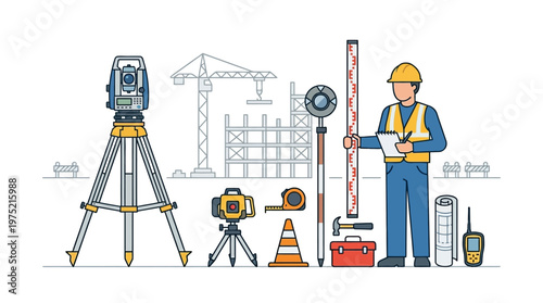 Professional Land Surveyor with Construction Equipment and Total Station Illustration. Vector concept of civil engineering tools, measuring devices, and site development.
