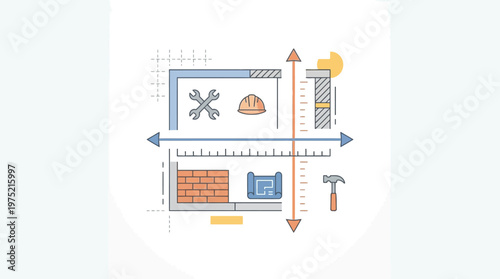 Architectural Construction and Building Planning Concept Illustration with Blueprint Tools and Engineering Symbols