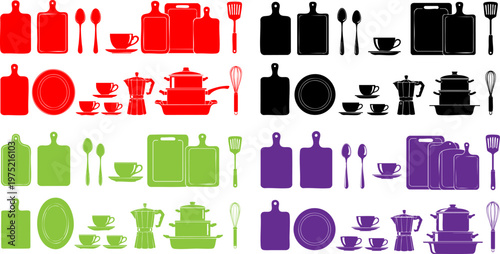Kitchenware silhouette vector collection, colorful cooking utensils and equipment set, red black green and purple kitchen icons for restaurant menu design