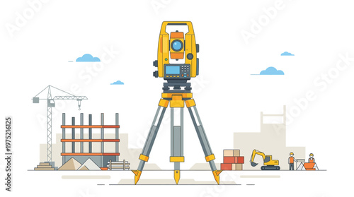 Total Station Surveying Instrument on Tripod at Construction Site Vector Illustration
