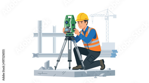 Male Land Surveyor in Safety Vest and Hard Hat Using Total Station Theodolite on Construction Site for Precise Land Measurement and Civil Engineering Work