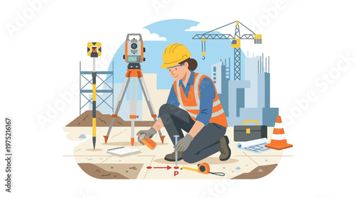 Female Civil Engineer Land Surveyor Working on Construction Site with Total Station and Measuring Tools Vector Illustration
