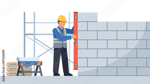 Construction Worker Building a Concrete Block Wall with Spirit Level and Scaffolding Vector Illustration