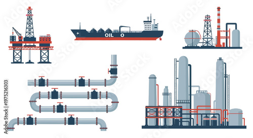 Oil Industry Icons: Rig, Tanker, Refinery, Pipelines, Offshore Platform