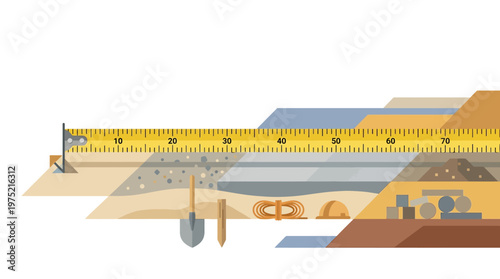 Construction Site Planning and Measurement Concept Illustration with Tape Measure, Shovel, and Ground Layers