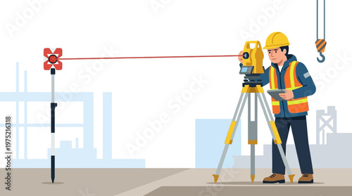 Surveyor Using Total Station and Laser Level on Construction Site Flat Vector Illustration