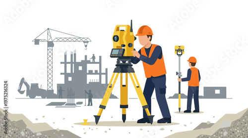 Land Surveying and Construction Site Illustration with Civil Engineers Using Total Station Theodolite and Prism Pole for Urban Planning and Infrastructure Development