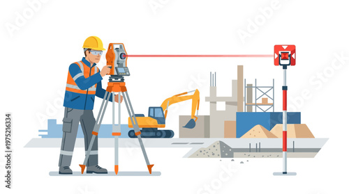 Construction Surveyor Using Total Station at Building Site Flat Illustration. Civil Engineer Measuring Land with Laser Equipment and Excavator on Background.