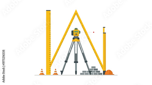 Flat Vector Illustration of Land Surveying Equipment with Theodolite, Leveling Rods, and Construction Tools