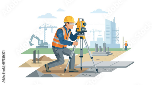 Professional Land Surveyor Using Total Station Theodolite at Construction Site with Cranes and Excavators Vector Illustration